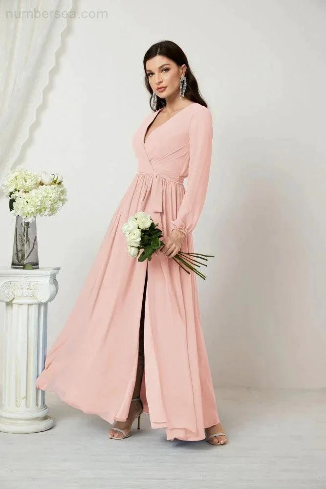 Sunnderly Evening Dresses Deep V-Neck Chiffon Bridesmaid Dresses Long Bishop Sleeve Side Split Formal Dress SY2806 by numbersea