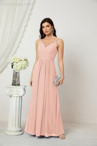 Numbersea Chiffon V-Neck Bridesmaid Dress Spaghetti Strap Long Formal Party Prom Gowns with Slit 28010