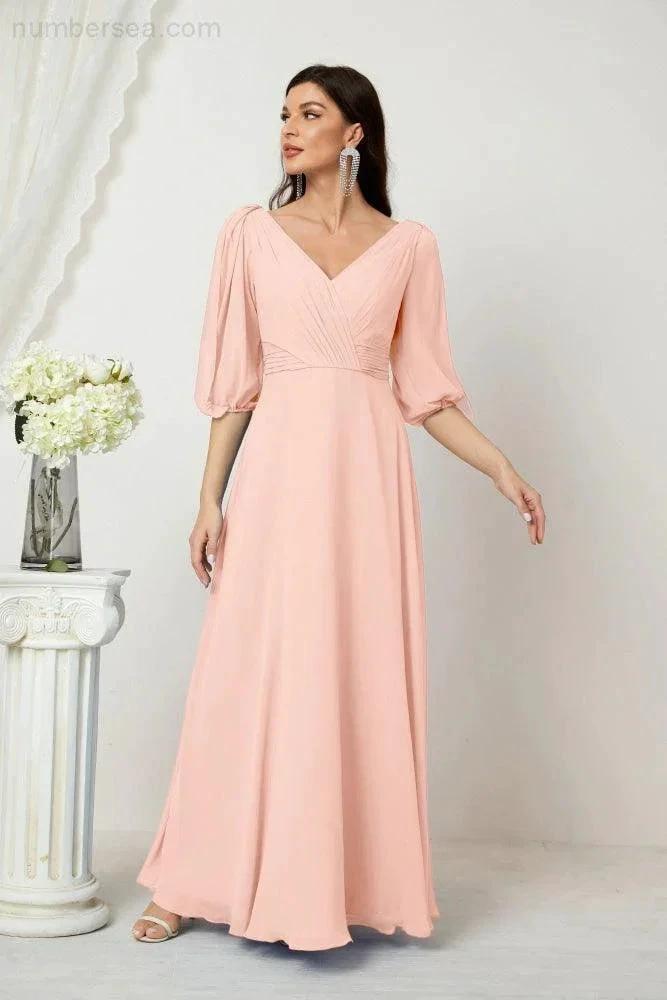 Numbersea Formal Prom Gown Women V-Neck Chiffon Bridesmaid Dresses Long Bishop Sleeve Party Dress 2807 by numbersea