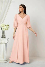 Numbersea Formal Prom Gown Women V-Neck Chiffon Bridesmaid Dresses Long Bishop Sleeve Party Dress 2807 by numbersea