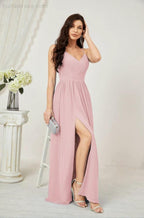 Numbersea Neck Bridesmaid Dresses Chiffon Long Spaghetti A-line Formal Prom Gown for Wedding Party Evening 2801 by numbersea
