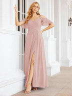 Numbersea Cold Shoulder Long Bridesmaid Dresses Side Slit Formal Prom Gowns Party Wedding 28070 by numbersea