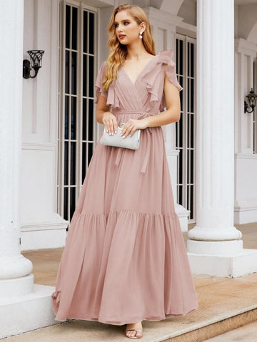 Numbersea Women's Open Back Formal Evening Party Prom Gowns V-Neck Long Chiffon Bridesmaid Dresses with Waist Belt 28038