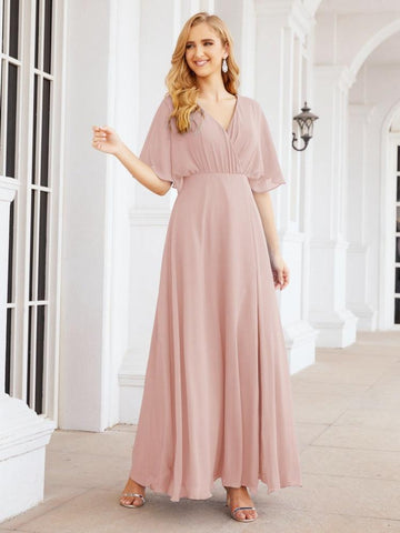 Numbersea V-Neck Bridesmaid Dress Chiffon Long Open Back Formal Dresses for Women Party Evening 28067