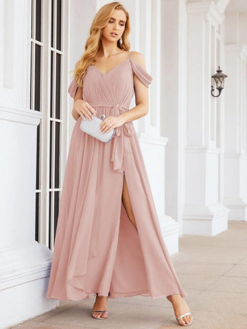Numbersea Off The Shoulder Chiffon Bridesmaid Dress Long Formal Graduation Gown with Cowl Back 28069