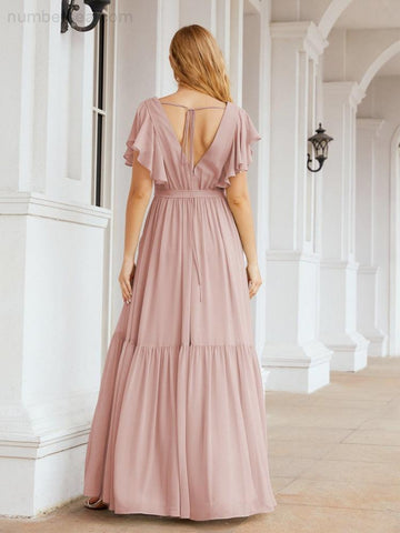 Numbersea Women's Open Back Formal Evening Party Prom Gowns V-Neck Long Chiffon Bridesmaid Dresses with Waist Belt 28038