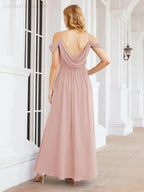 Numbersea Off The Shoulder Chiffon Bridesmaid Dress Long Formal Graduation Gown with Cowl Back 28069 by numbersea