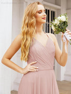 Numbersea Halter Chiffon Bridesmaid Dresses Wedding Appare Sleeveless Formal Prom Dress with Ruffled Back 28035 by numbersea