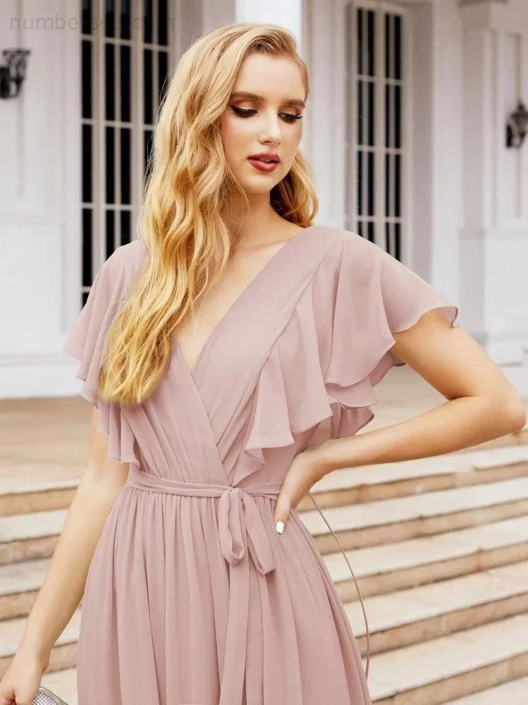 Numbersea Women's Open Back Formal Evening Party Prom Gowns V-Neck Long Chiffon Bridesmaid Dresses with Waist Belt 28038 by numbersea