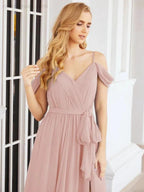 Numbersea Off The Shoulder Chiffon Bridesmaid Dress Long Formal Graduation Gown with Cowl Back 28069 by numbersea