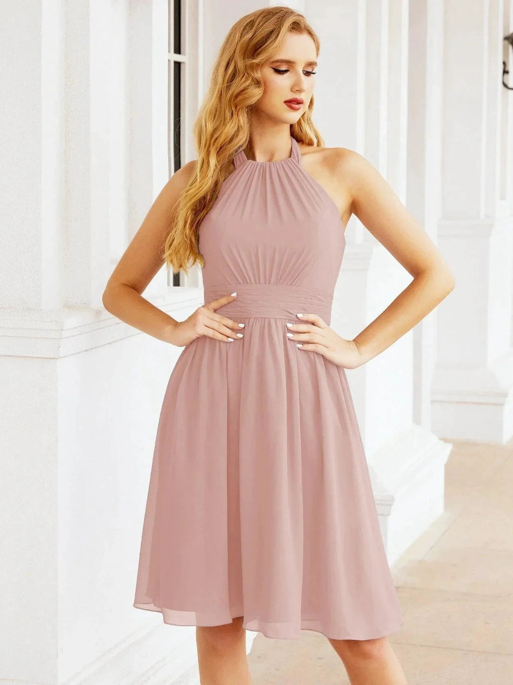 Numbersea Halter Chiffon Bridesmaid Dresses Short Sleeveless Formal Party Dress Open Back 28023 by numbersea
