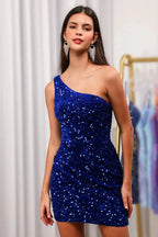 Bling Sheath One Shoulder Royal Blue Sequins Short Homecoming Dress with Keyhole by WEDTREND