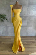 Yellow Long Mermaid Asymmetrical Beads Satin Prom Dress With Sleeves by BIZTUNNEL