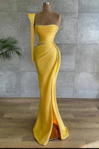 Yellow Long Mermaid Asymmetrical Beads Satin Prom Dress With Sleeves by BIZTUNNEL
