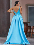 Hi-Lo Sapphire Serenity V-Neck Sleeveless A-Line Evening Gown by BIZTUNNEL