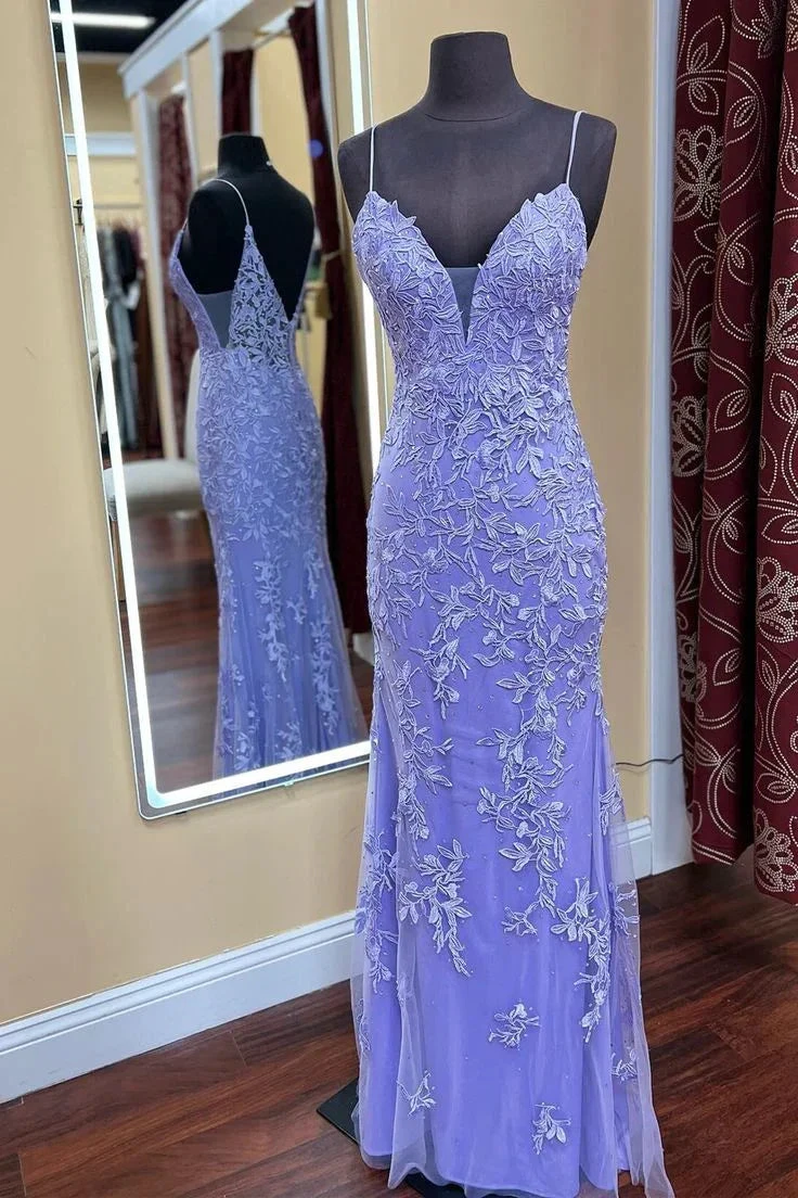 Lilac lace evening gown with floral embroidery on mannequin, ZAPDRESS boutique