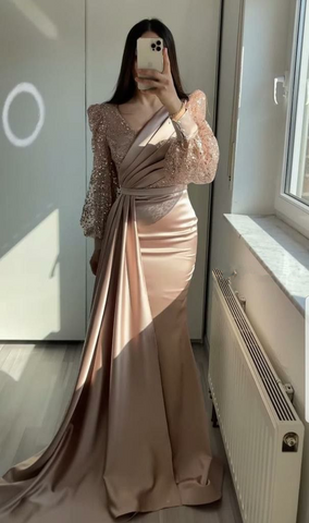 Vestido de noche estilo sirena/trompeta, estilo vintage, largo hasta el suelo, mangas largas, escote en V, Y4577