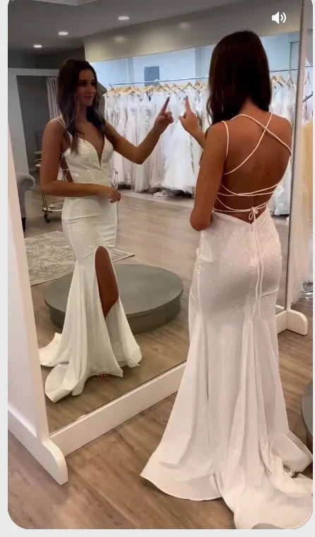 White Sequins Mermaid Backless Long Evening Dresses Y1638 by simplepromdress
