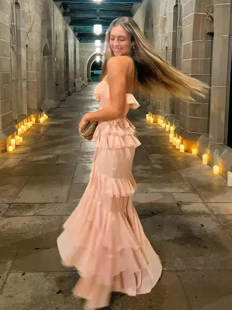 Charming Pink Chiffon Ruffles Tiered Evening Dress Slit Mermaid Prom Party Dress Y8006 by simplepromdress