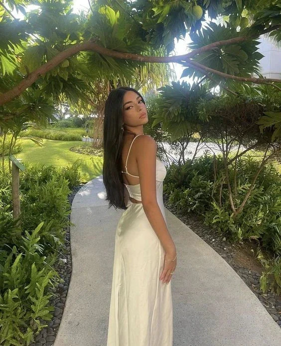 Spaghetti Straps White Satin Long Prom Dress Evening Dress Y7517 by simplepromdress