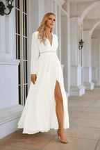 Ladies V Neck Chiffon Long Sleeve Front Slit Bridesmaid Evening Dress Wedding Party Shopping Evening Dress 28109 by numbersea