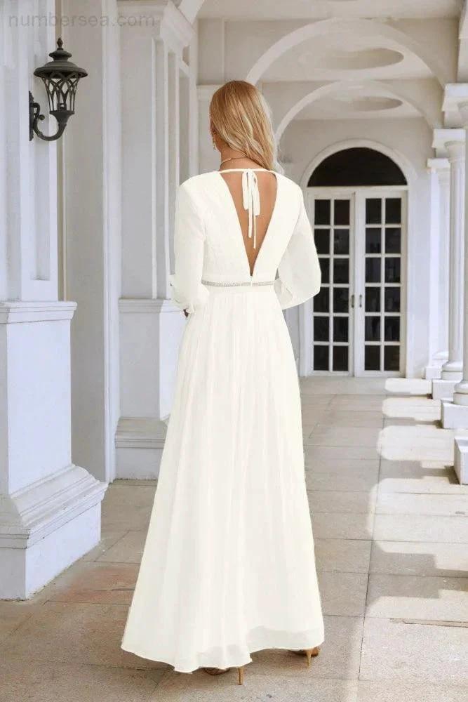 Ladies V Neck Chiffon Long Sleeve Front Slit Bridesmaid Evening Dress Wedding Party Shopping Evening Dress 28109 by numbersea