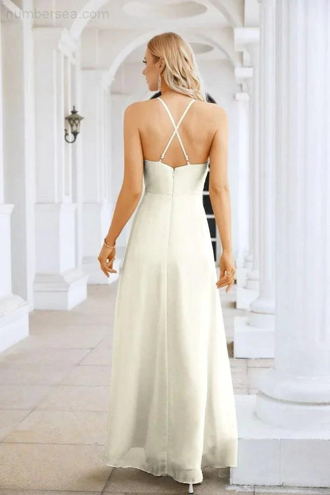 Ladies Chiffon Spaghetti Strap V Neck Front Slit Floor Length Bridesmaid Evening Dress Prom Party Wedding Evening Dress 28116 by numbersea
