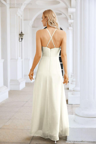 Ladies Chiffon Spaghetti Strap V Neck Front Slit Floor Length Bridesmaid Evening Dress Prom Party Wedding Evening Dress 28116
