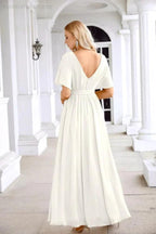 Ladies Chiffon Sleeve Crew Neck Front Slit Floor Length Bridesmaid Evening Dress Wedding Party Evening Dress 28124 by numbersea
