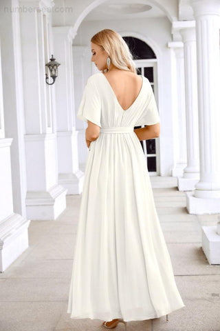 Ladies Chiffon Sleeve Crew Neck Front Slit Floor Length Bridesmaid Evening Dress Wedding Party Evening Dress 28124