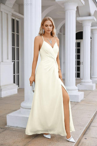 Ladies Chiffon Spaghetti Strap V Neck Front Slit Floor Length Bridesmaid Evening Dress Prom Party Wedding Evening Dress 28116