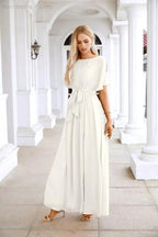 Ladies Chiffon Sleeve Crew Neck Front Slit Floor Length Bridesmaid Evening Dress Wedding Party Evening Dress 28124 by numbersea