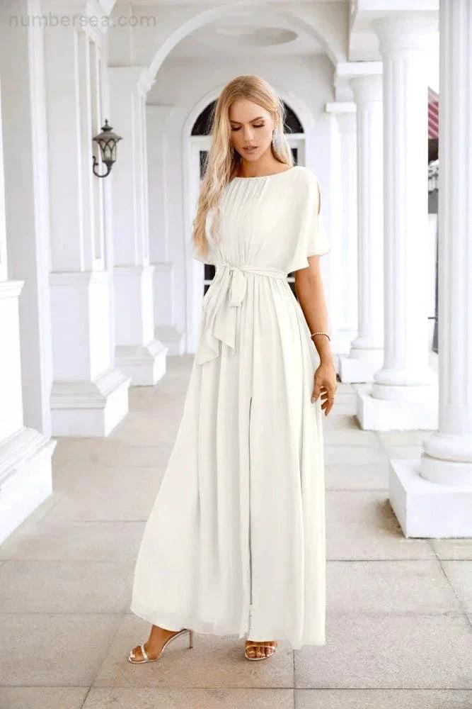 Ladies Chiffon Sleeve Crew Neck Front Slit Floor Length Bridesmaid Evening Dress Wedding Party Evening Dress 28124 by numbersea