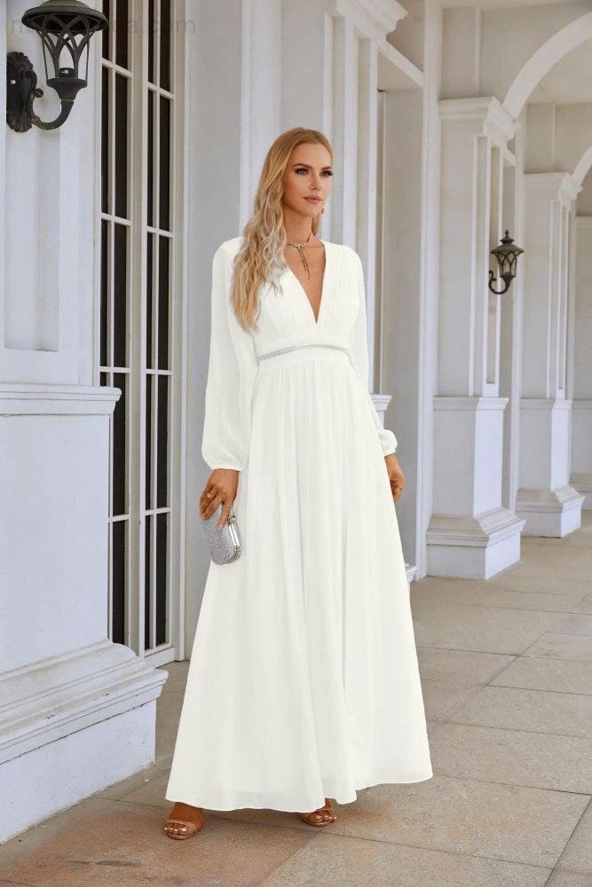 Ladies V Neck Chiffon Long Sleeve Front Slit Bridesmaid Evening Dress Wedding Party Shopping Evening Dress 28109 by numbersea