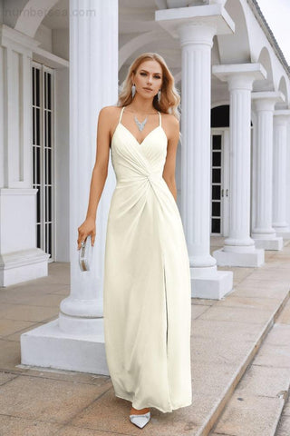 Ladies Chiffon Spaghetti Strap V Neck Front Slit Floor Length Bridesmaid Evening Dress Prom Party Wedding Evening Dress 28116