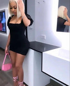 Chic Puff Sleeve Dress Black Short Tight Homecoming Dress Y368 by simplepromdress