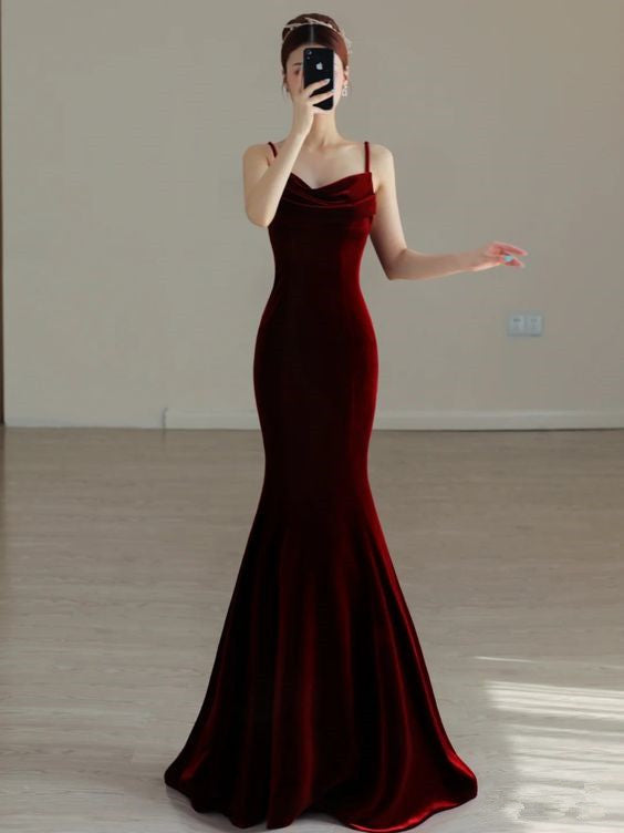 Burgundy Mermaid Spaghetti Straps Long Prom Dress Charming Burgundy Evening Dress Y384 Hover Image