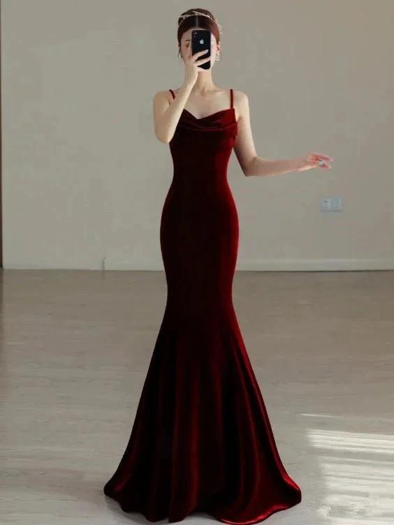 Burgundy Mermaid Spaghetti Straps Long Prom Dress Charming Burgundy Evening Dress Y384 by simplepromdress