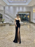 Charming Black Strapless Prom Dress High Side Slit Sheath/Column Black Evening Dress Y386 by simplepromdress