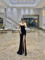 Charming Black Strapless Prom Dress High Side Slit Sheath/Column Black Evening Dress Y386 by simplepromdress