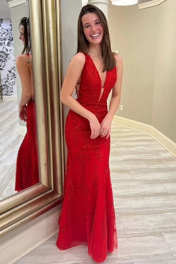 Red Lace Appliques Mermaid Deep V Neck Long Prom Dresses, Evening Dress Y369 Main Image