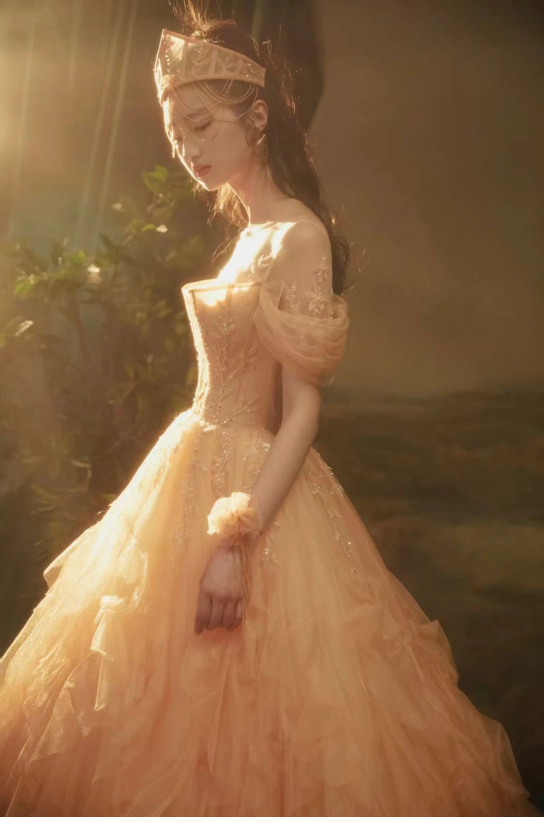 Ethereal Sunset-Hued Tulle Ball Gown with Illusion Neckline, Puff Sleeves & Sequin Floral Embroidery by ZAPDRESS