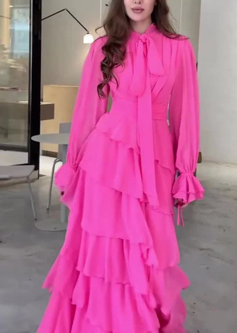Modisches Chiffon-Langarm-Ballkleid mit Rüschen, elegantes Party-Abendkleid Y7617