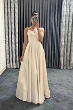 Long A-line Spaghetti Straps V-Neck Sleeveless Prom Dresses with Pockets by BIZTUNNEL