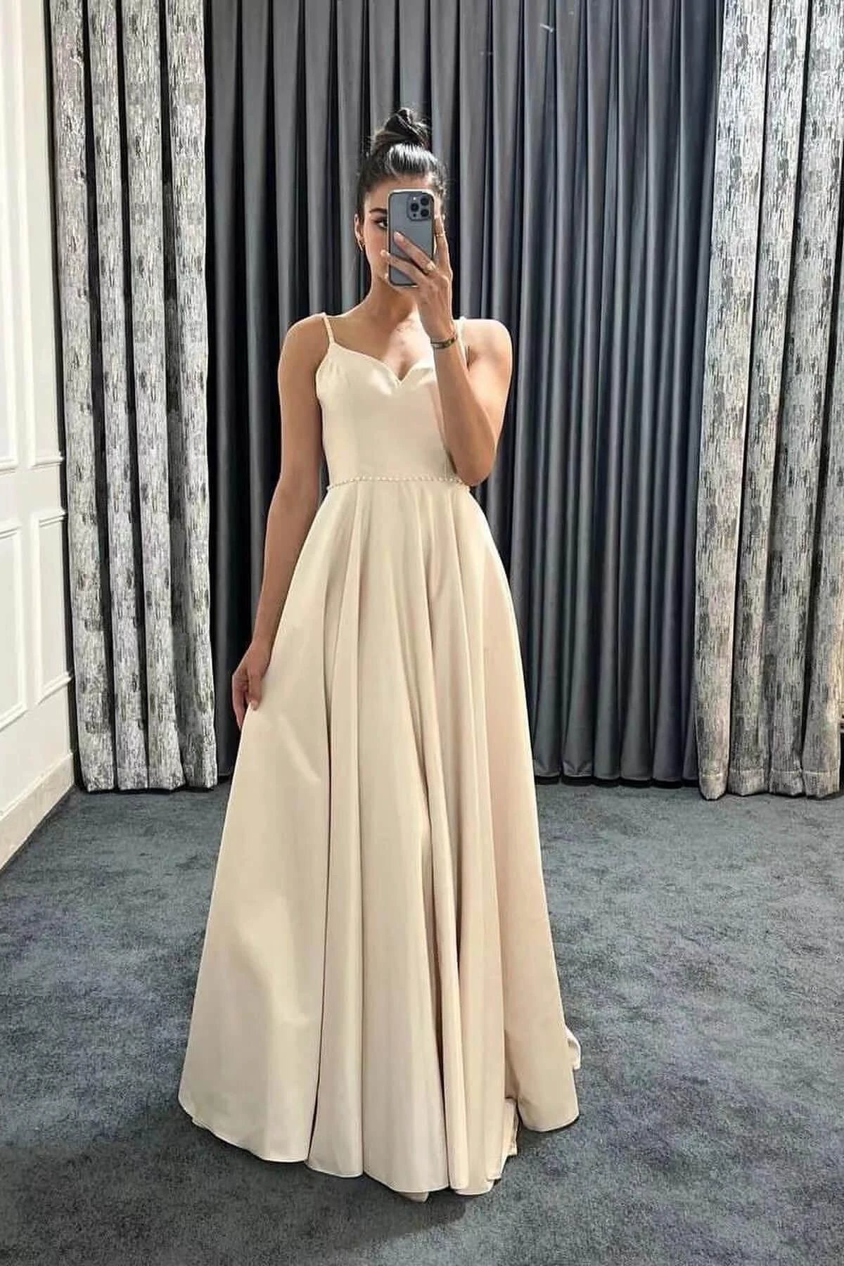 Long A-line Spaghetti Straps V-Neck Sleeveless Prom Dresses with Pockets by BIZTUNNEL