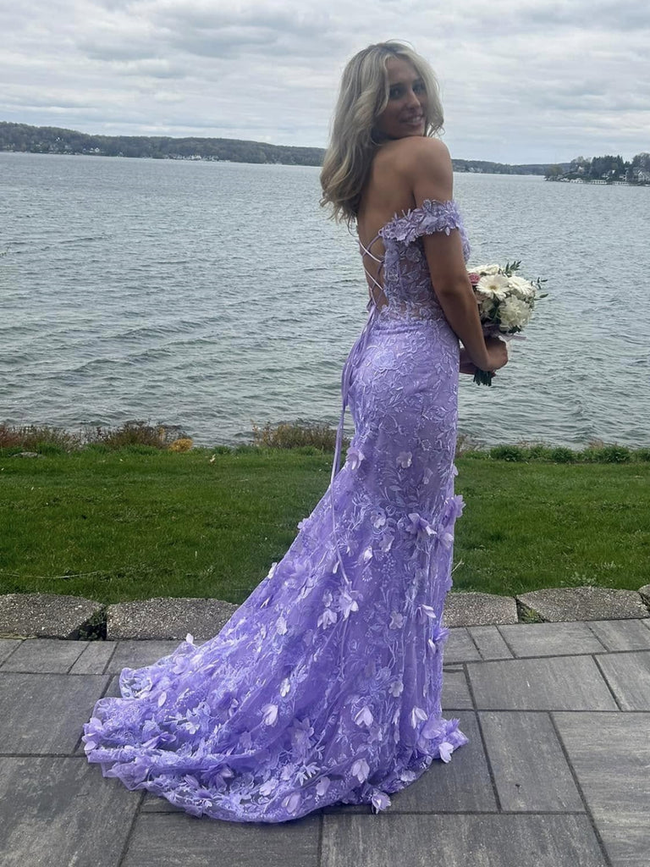 Pretty Off the Shoulder Mermaid Lilac Lace Floral Long Prom Dresses, High Slit Graduation Evening Dresses Y7848 Main Image