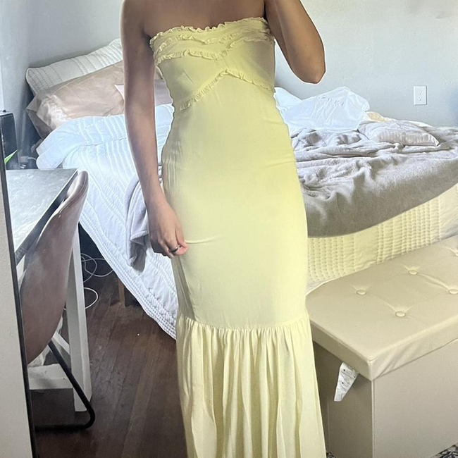 Cute Yellow Strapless Chiffon Ruffles Evening Dress Mermaid Prom Dress Y7896 Main Image