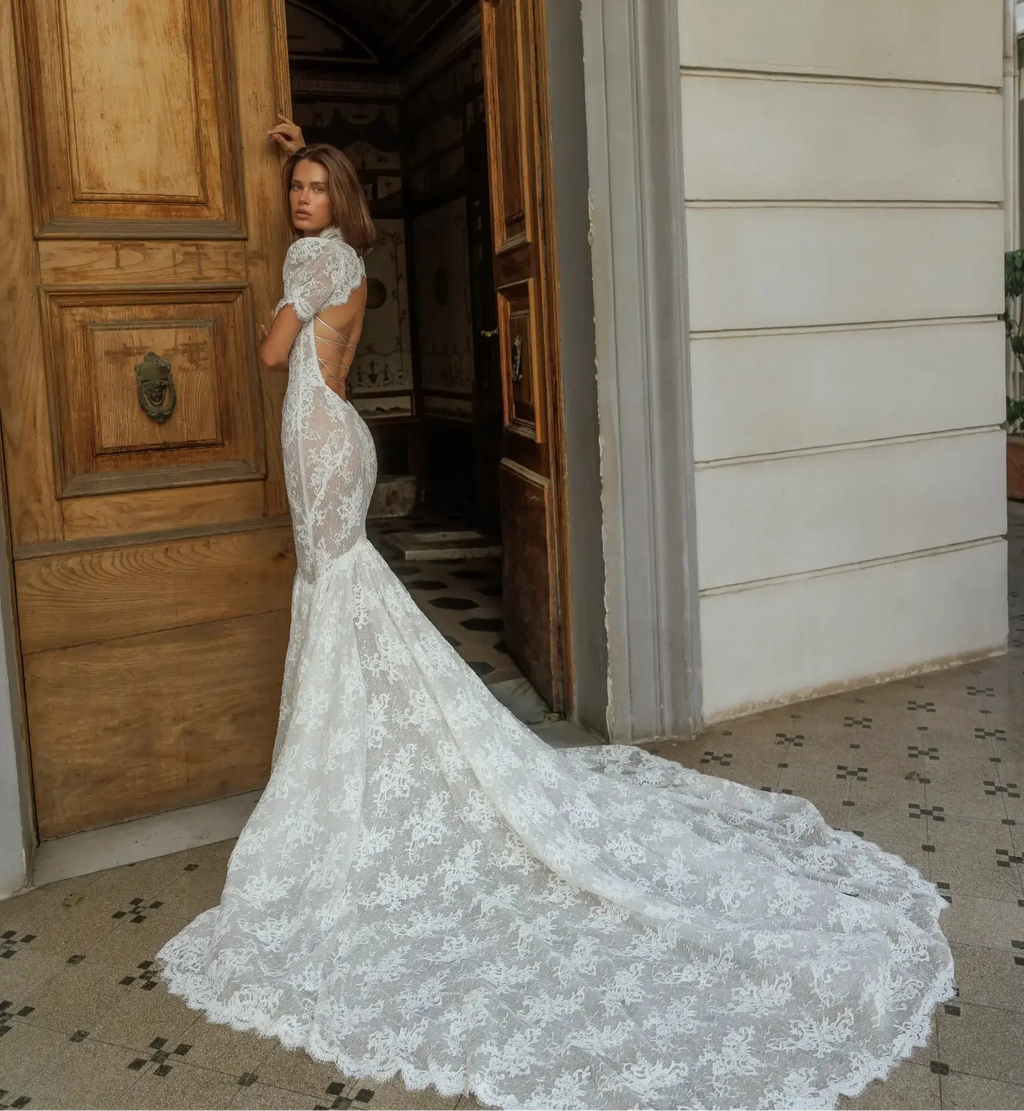 Vintage Ivory Lace High Neck Puff Sleeve Backless Mermaid Wedding Dress SW180