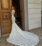 Vintage Ivory Lace High Neck Puff Sleeve Backless Mermaid Wedding Dress SW180