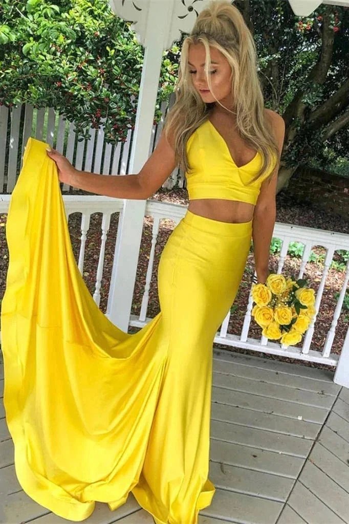 Yellow Long Mermaid Two Piece V-neck Formal Prom Dresses by BIZTUNNEL